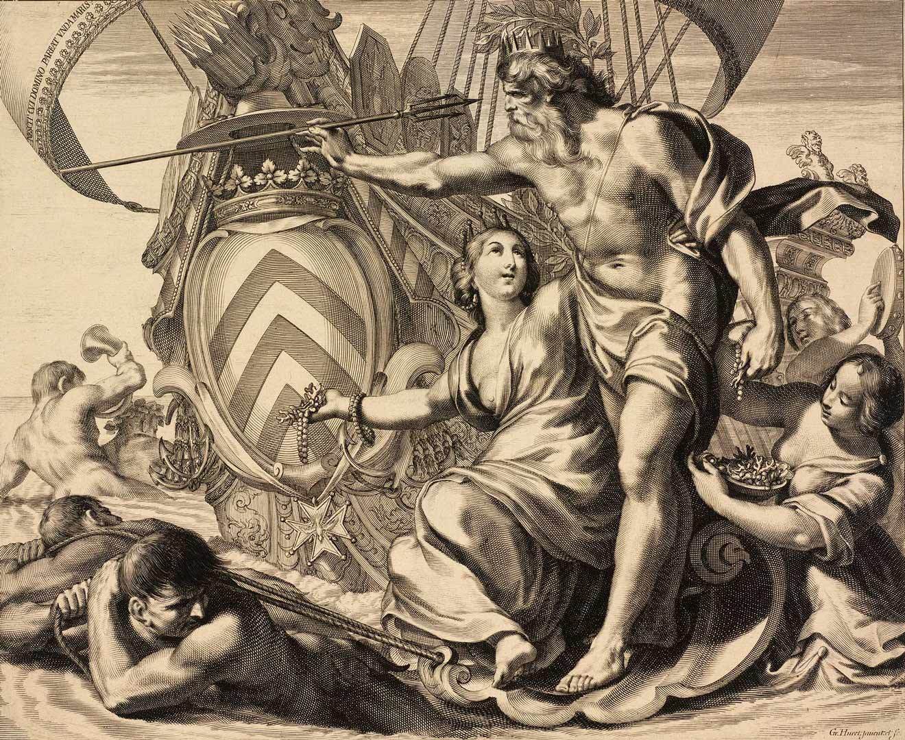 ნეპტუნი და თეტისი - იმპერიის სიმდიდრის მირთმევა კარდინალ რიშელიესთვის. გრეგუარ იურის გრავიურა. 1642 წელი